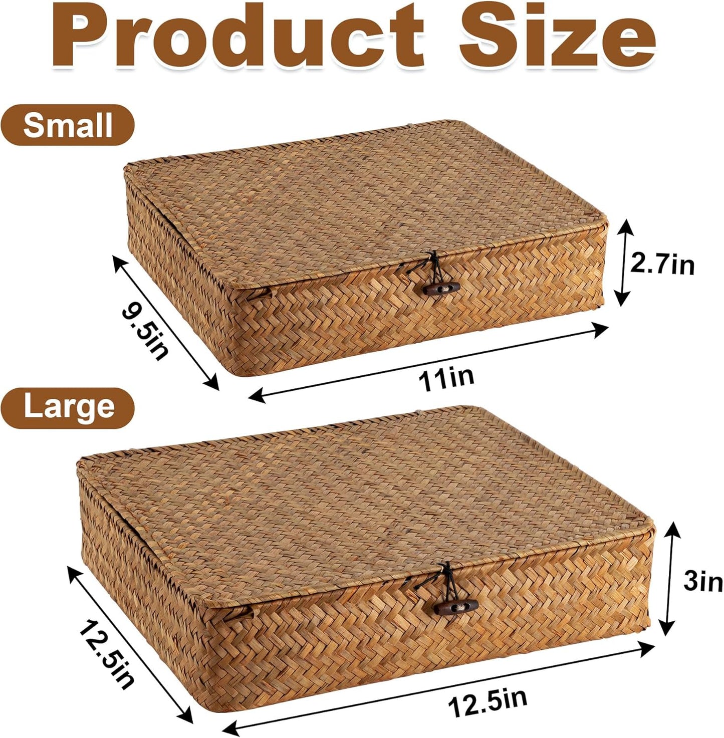 2 Pack 2 Size Seagrass Storage Bins with Lid,Boho Wicker Woven Organizer set, Decortive Rattan Basket Storage for Makeup Books Shelves Closet