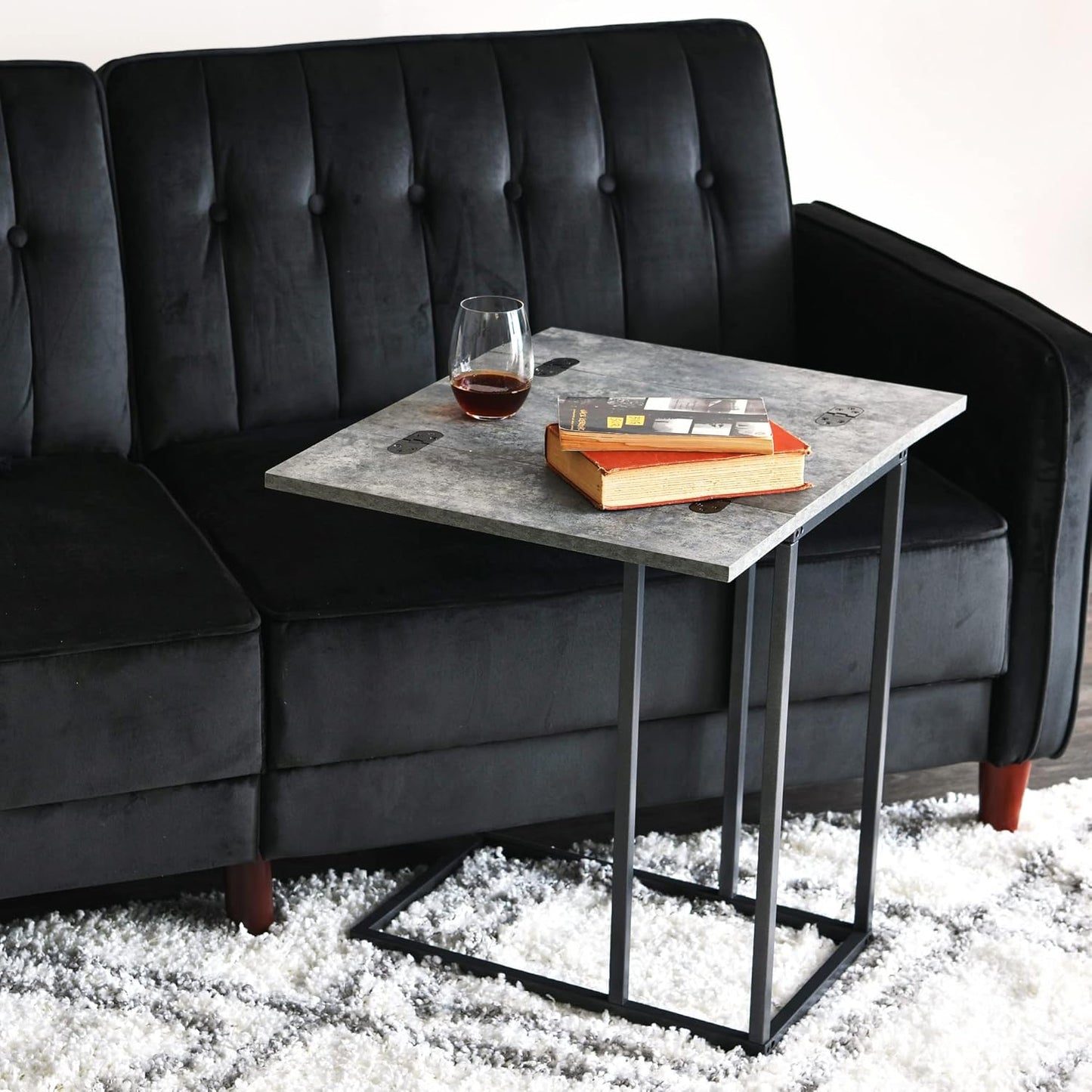 Household Essentials Jamestown Extendable C-Shaped for Accessiblity Side End Table Rustic Slate Concrete and Black Metal