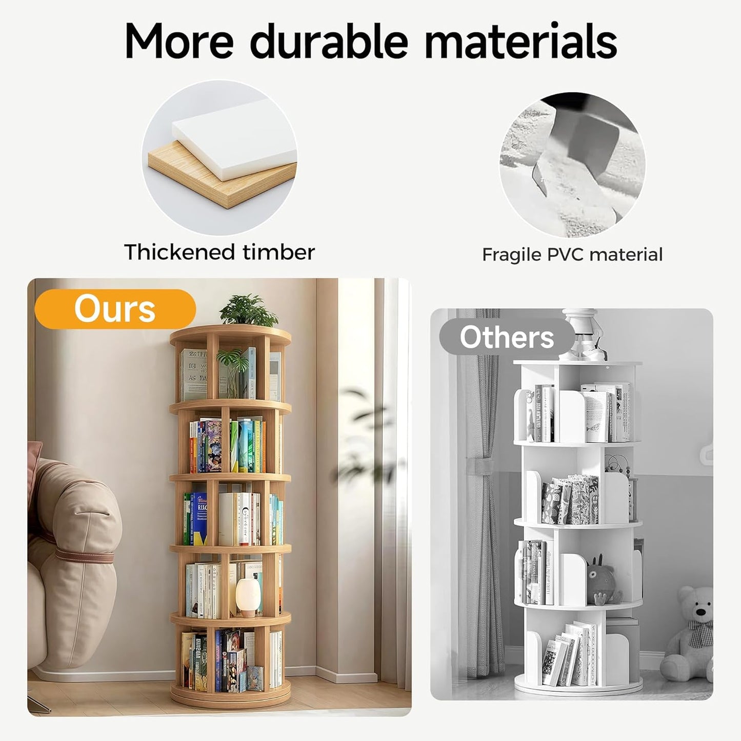 Rotating Bookshelf Tower, Wooden, 5 Tier Vertical Rotate Turning Spiral Corner Organizer, 360° Rotating Book Tower, Ideal for Small Spaces, Living Rooms, Bedrooms (Natural, 5 Tier)
