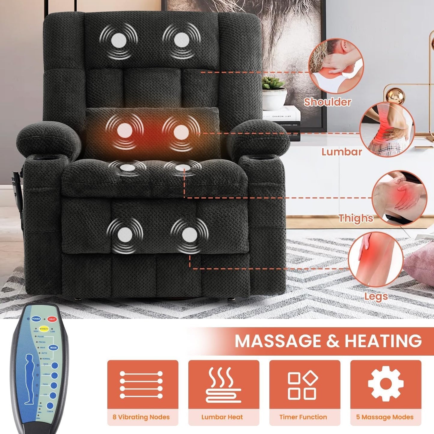 Grey Dual Motor Power Lift Recliner Chair for Elderly with Infinite Recline, Full Lay Flat, Heated Massage, Cup Holders, Soft Fabric Upholstery, Adjustable Positions, and Ergonomic Support