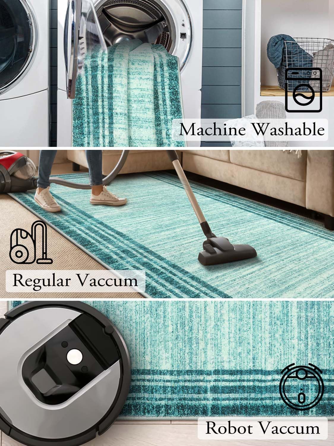 Lahome Amabel Abstract Teal 8x10 Area Rugs for Living Room, Washable Modern Bedroom Rug 8x10 Stain Resistant, Low-Pile Soft Minimalist Bordered Large Indoor Carpet for Office Dining Room