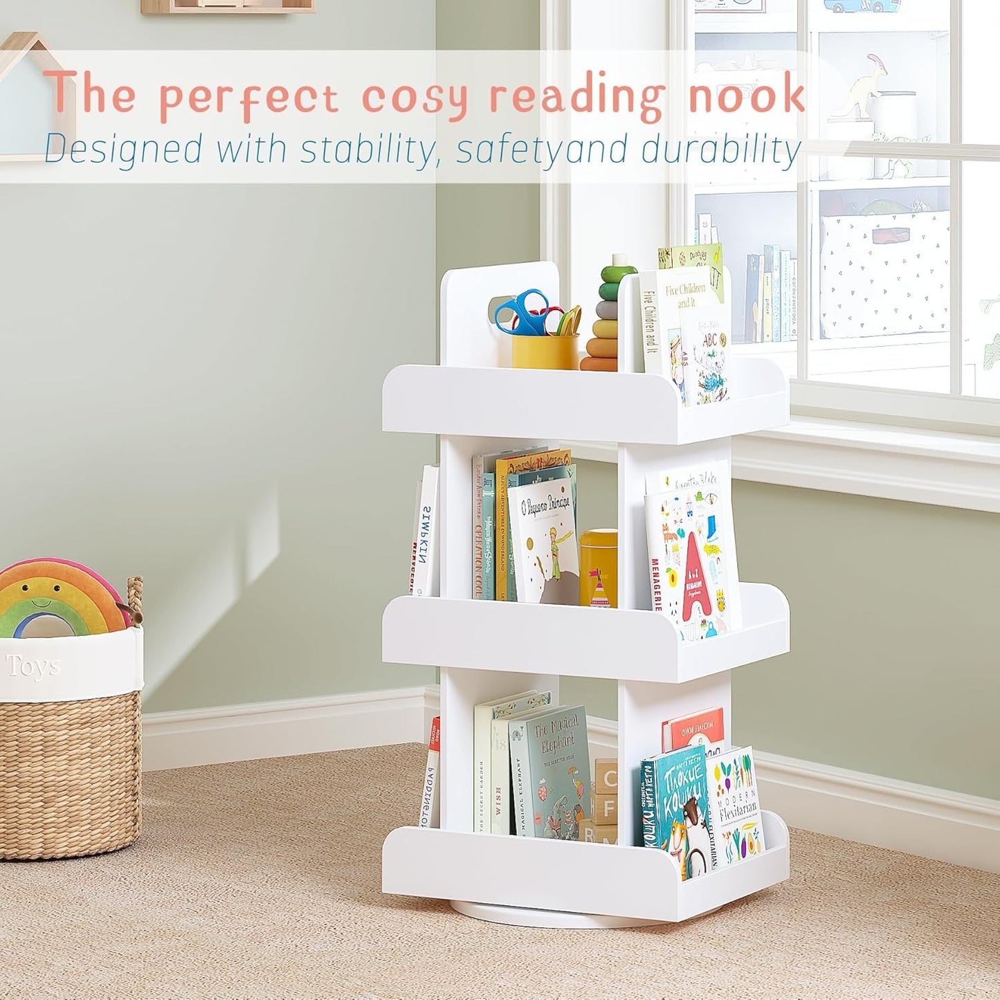 Spirich Kids Rotating Bookshelf Tower, Spinning Bookcase Lazy Susan with Book Display, 3 Tier Revolving 360 Book Shelf Storage, Vertical Rotate Turning Corner Organizer, White