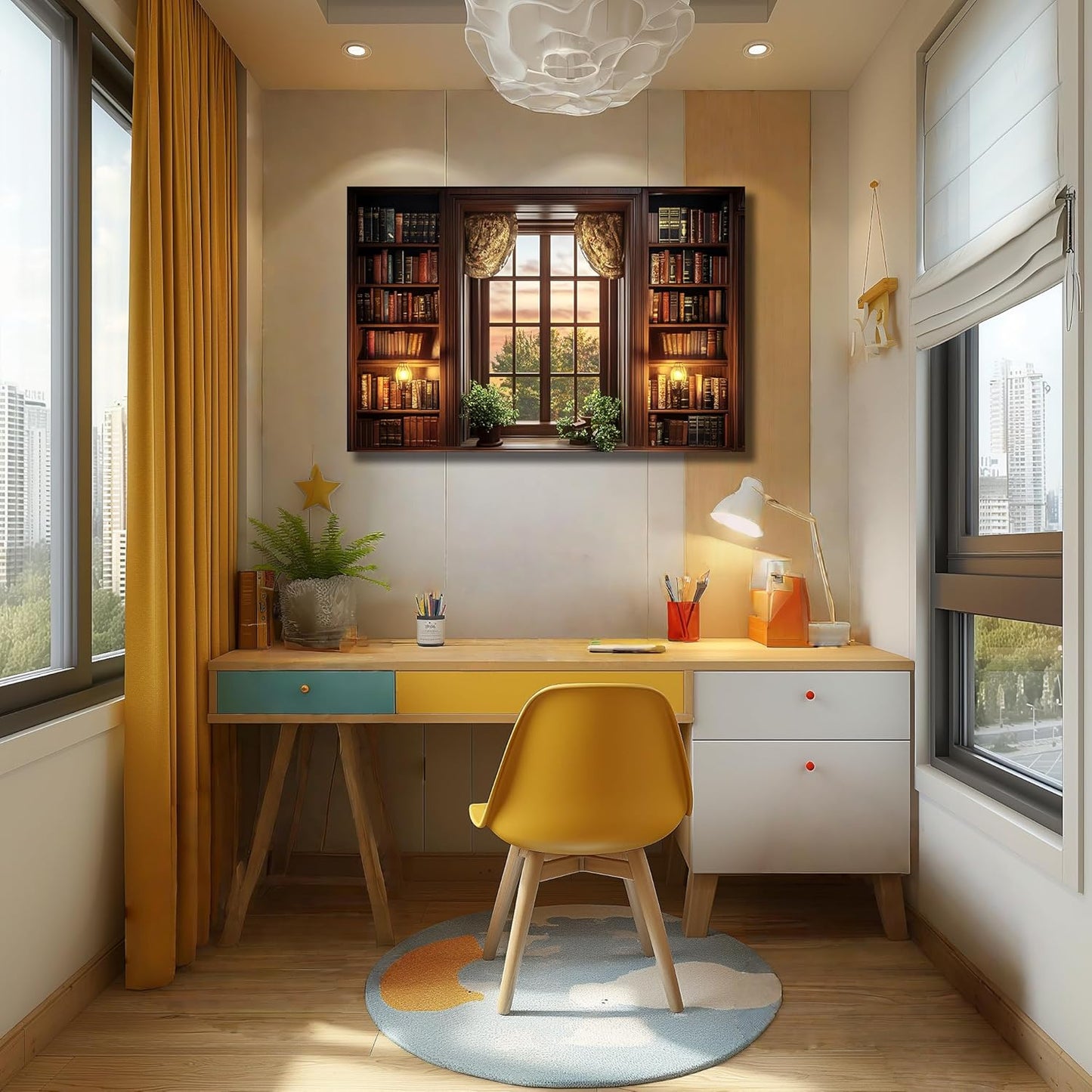 WOOHOOROO Curtain Bookshelf Window Wall Sticker – 3D Sunset View Fake Window Peel and Stick Removable Wall Mural for Home Decor,32" x 48"