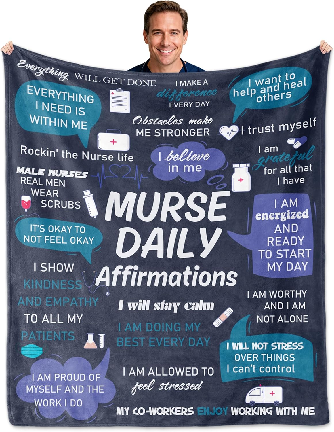 Male Nurse Gifts, Nurse Week/Day Gifts for Men, Gift for Male Nurses, Males Nurses' Nursing Gift for Men on Thanksgiving or Christmas Day, Soft Blanket with Daily Affirmations 60"x50"