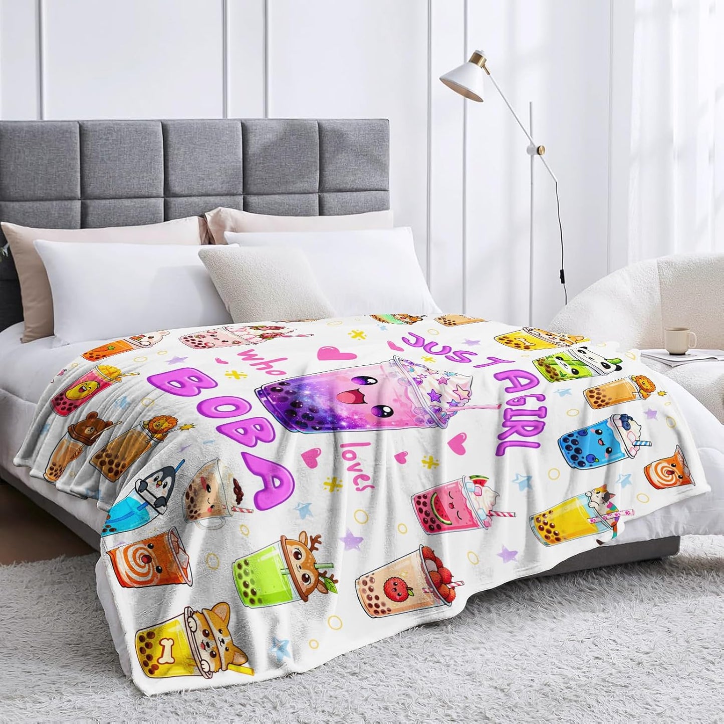 Bubble Tea Blanket Soft Plush Flannel Kawaii Bubble Boba Tea Throw Blanket Just A Girl Who Loves Boba Gifts for Birthday Home Decor Women Kids Adults 50"x40"