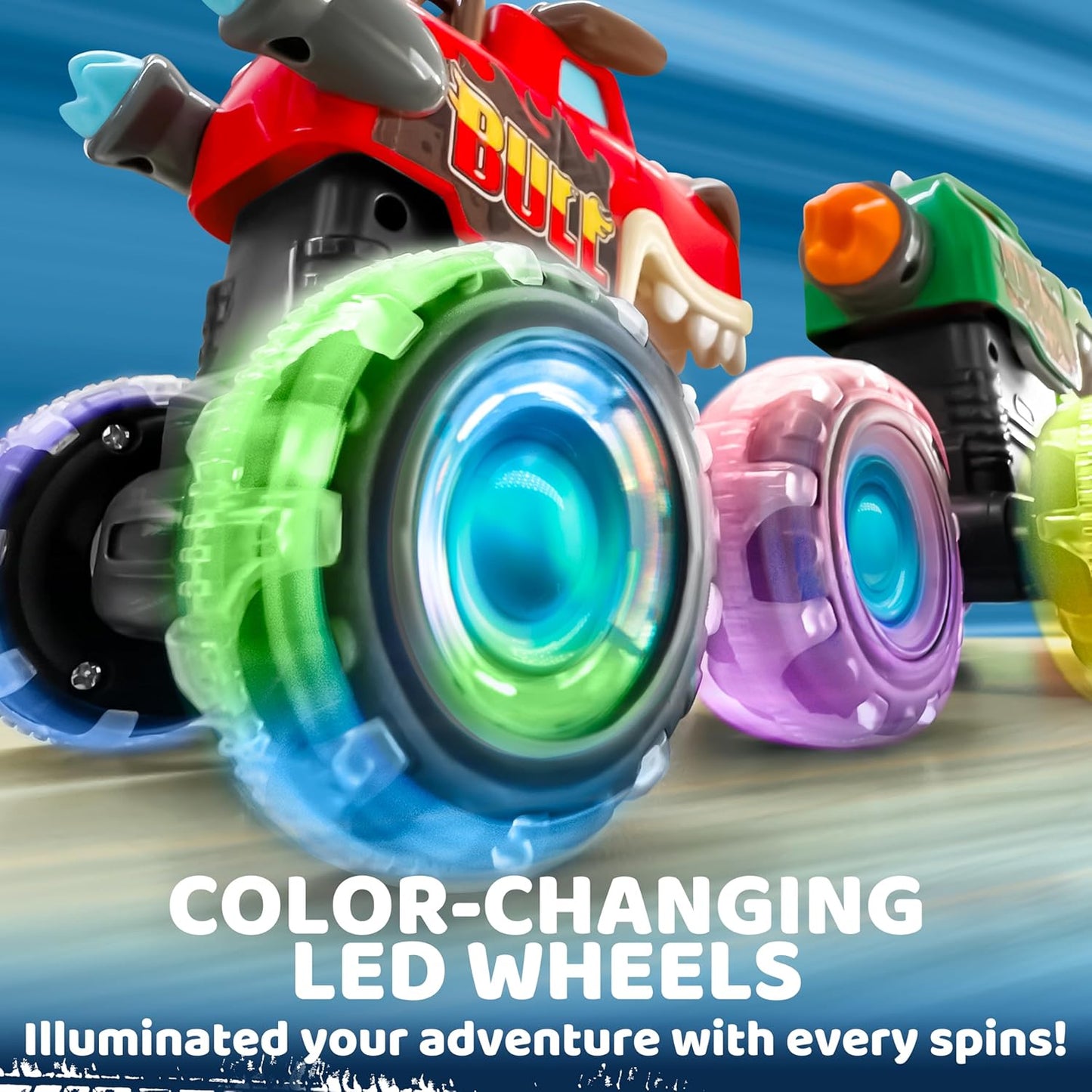 JOYIN 3 Pack Monster Truck Toy - Motion Activated Light Up Cars for Toddlers - Monster Glow Rover LED Wheels - Baby Boy Toys - Press and Go Trucks for Kids Boy Birthday Gifts Easter Basket Stuffers