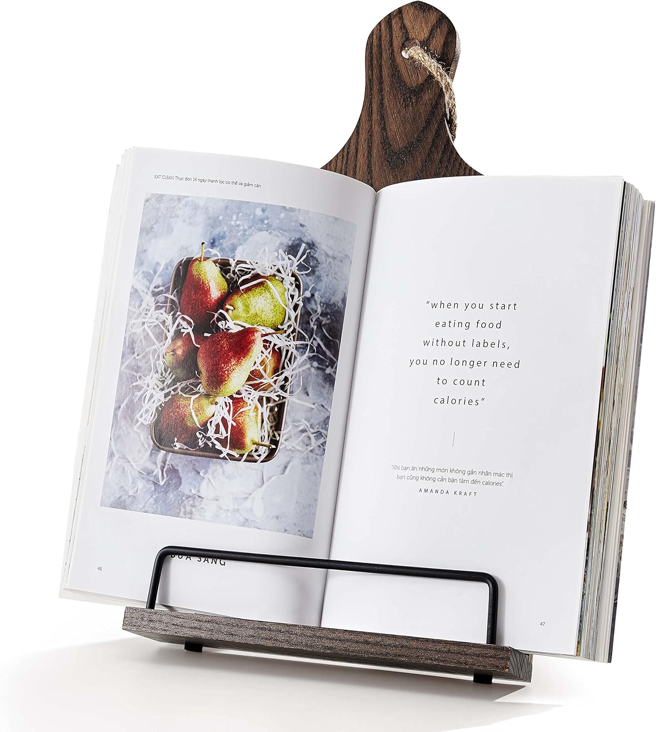 Cookbook Stand, Rustic Wood Cookbook Holder Cutting Board Style, Adjustable Recipe Ipad Tablet Book Holder and Stand for Kitchen with Anti-Slip Kickstand (Dark Brown)