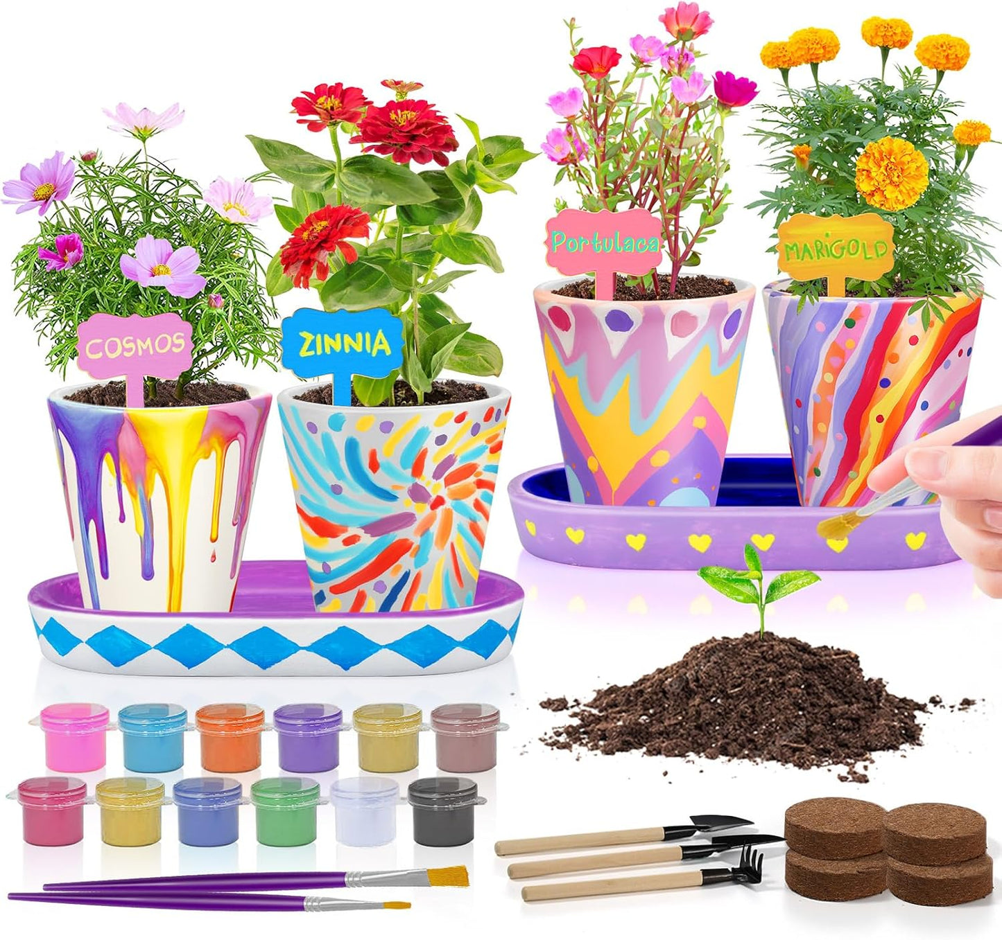 4 Set Paint & Plant Flower Gardening Kit - Gifts for Girls Ages 8-12, Arts and Crafts for Kids Ages 8-12, Kids Gardening Set, Toys Birthday Easter Gifts for Kids Girls Boys Ages 6 7 8 9 10 11 12