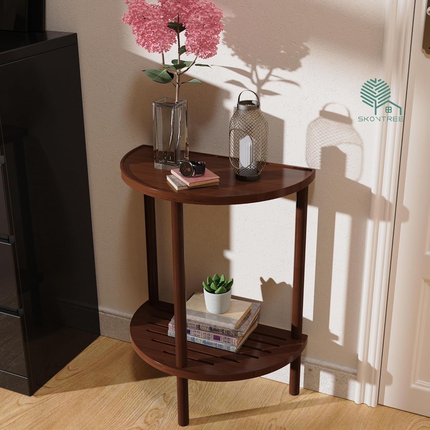 End Table, Half Moon Side Tables, Living Room Half Round 2 Tier Tables, NightStand for Small Space in Living Room Bedroom, Couch Tables with Storage Shelf, Boho Side Table (Brown)