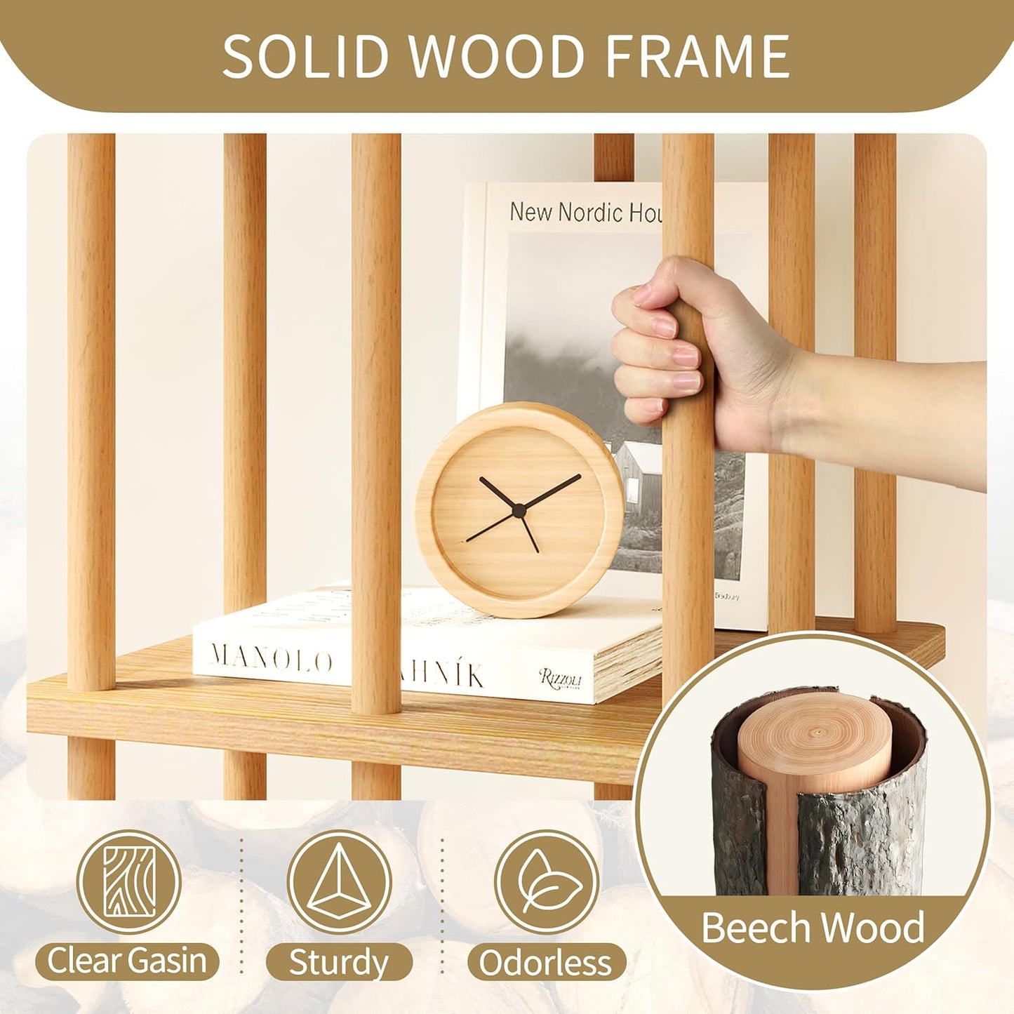 IOTXY 3-Tier Rotating Bookshelf Tower - Beech Wood Frame Spinning Bookcase with Storage Base, Compact Freestanding Revolving Shelf Organizer, Oak