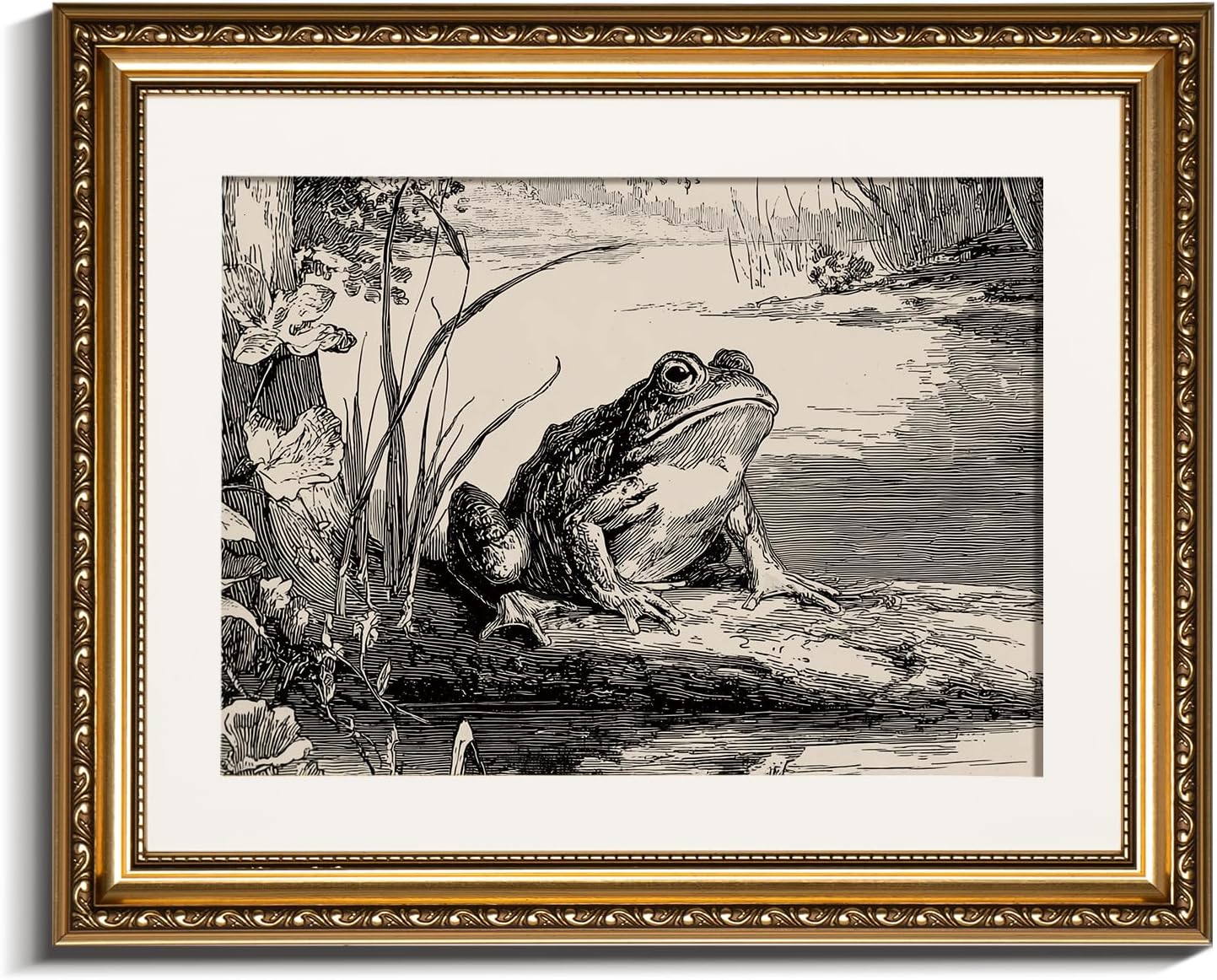 InSimSea gold framed art,16x13 Vintage Frog Illustration Wall Art Classic Nature Engraving Style Framed Print, Cottagecore Wildlife Decor for Living Room, Study, Entryway, Gallery Wall