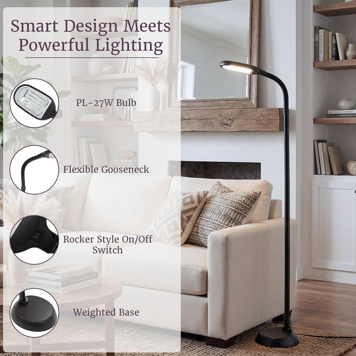 Lavish Home Adjustable Floor Lamp for Bedroom - Full Spectrum Natural Sunlight Lamp for Office with Bendable Neck for Reading Light, Craft, Studying, and Esthetician Light - (Black)