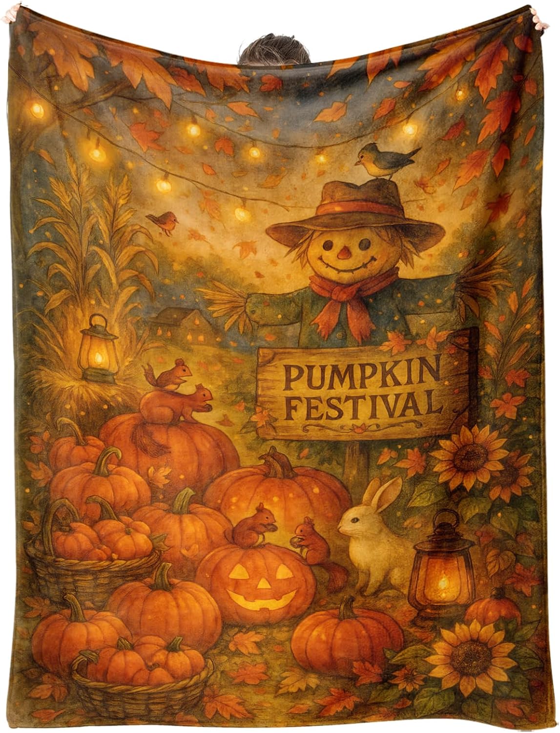 Fall Pumpkin Festival Blanket 60"X50" - Soft Flannel Throw Blanket, Autumn Harvest Decorative Blanket for Couch, Farmhouse Thanksgiving Home Decor Gift (Pumpkins, Scarecrow)
