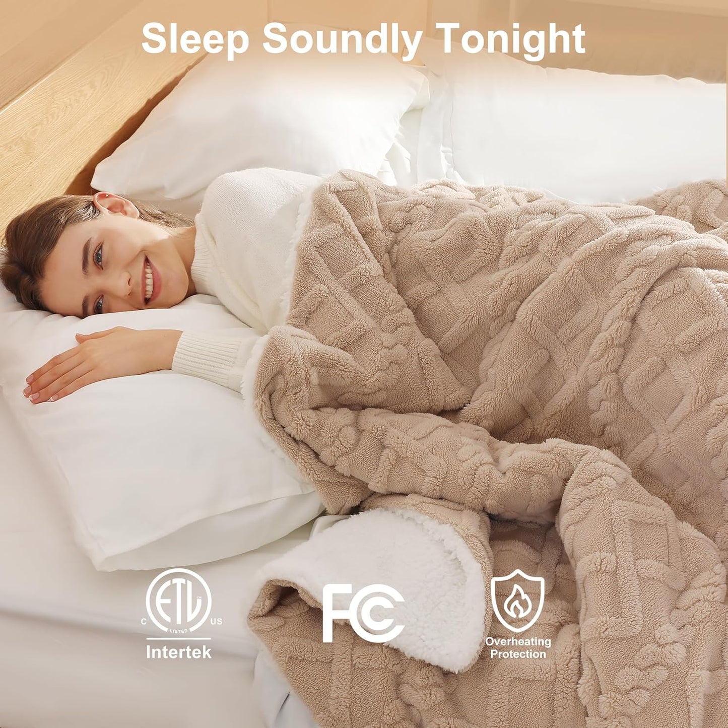 Electric Blanket Twin Heated Blanket 62''X84'' with 5 Heating Levels & 10 Hours Auto Off, ETL& FCC Certification Dual Sherpa Twin Heating Blanket Washable for Home/Office/Bed, Great Gift(Beige)