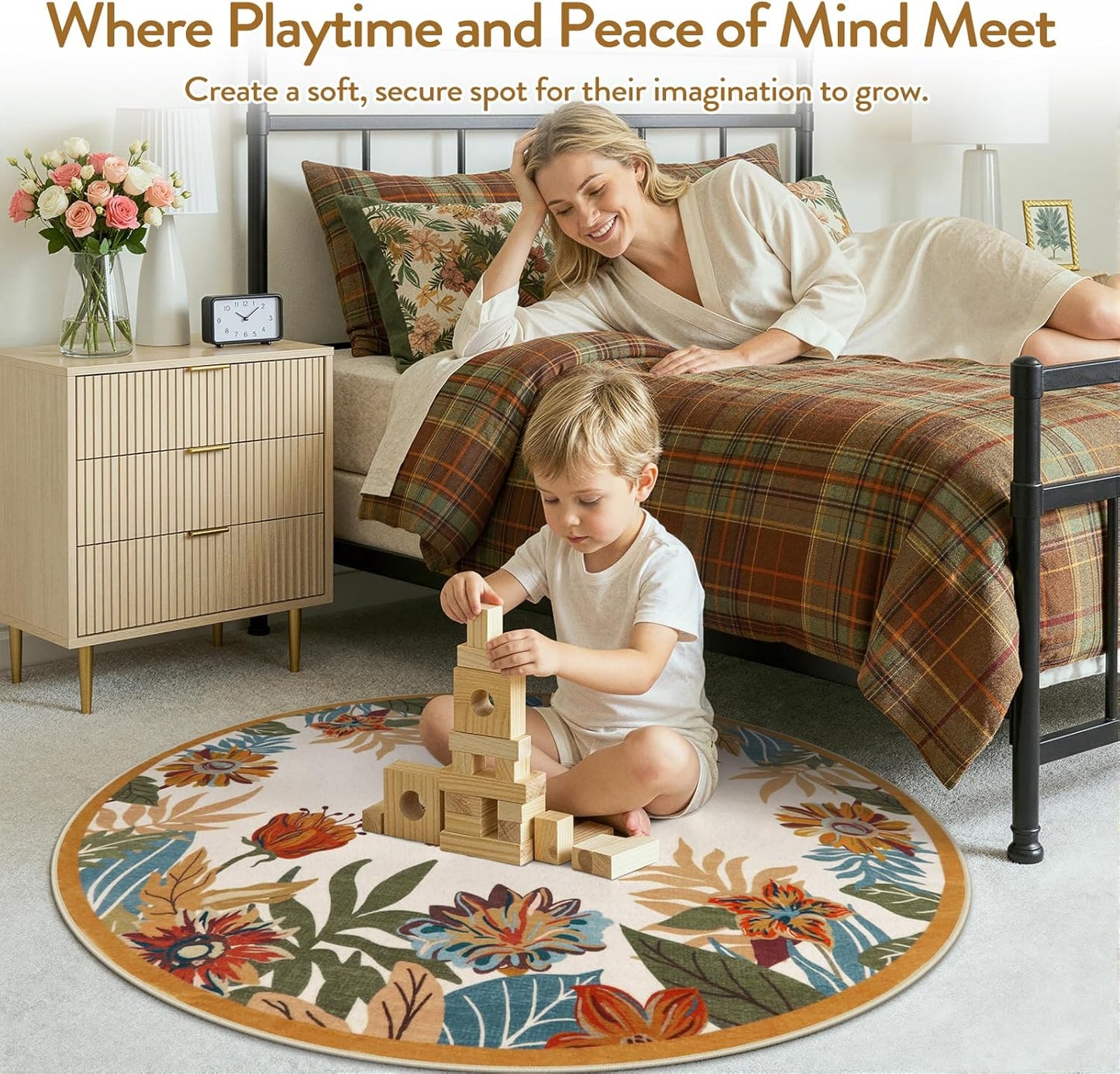 Beeiva Floral Round Area Rug 4ft for Bedroom - Yellow Washable Circle Dining Room Rugs for Under Table, Circular Flower Print Fall Rug Small Carpet for Reading Corner Decor(Yellow,Round 4')