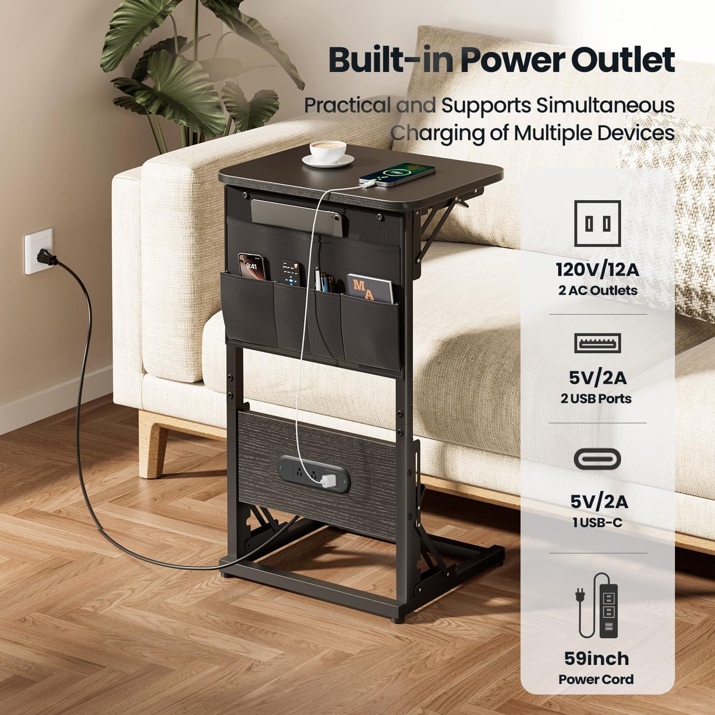 HLDIRECT C Shaped End Table with Charging Station, Couch Side Table with Storage Bag, Foldable TV Tray with 2 USB Ports and Outlets for Living Room, Bedroom, Black