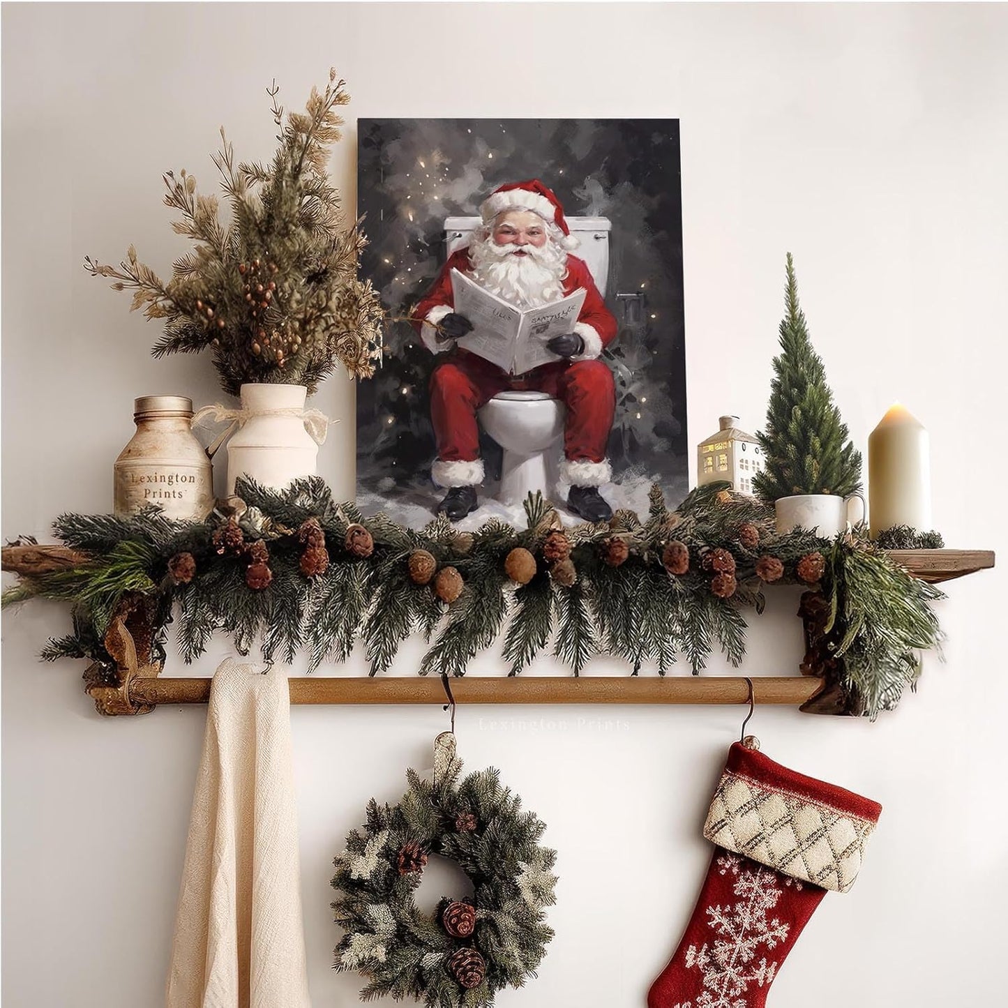 Funny bathroom wall decor Santa Claus going to toilet and reading newspaper art print bathroom wall art farmhouse wall decor canvas wall art for bedroom christmas posters