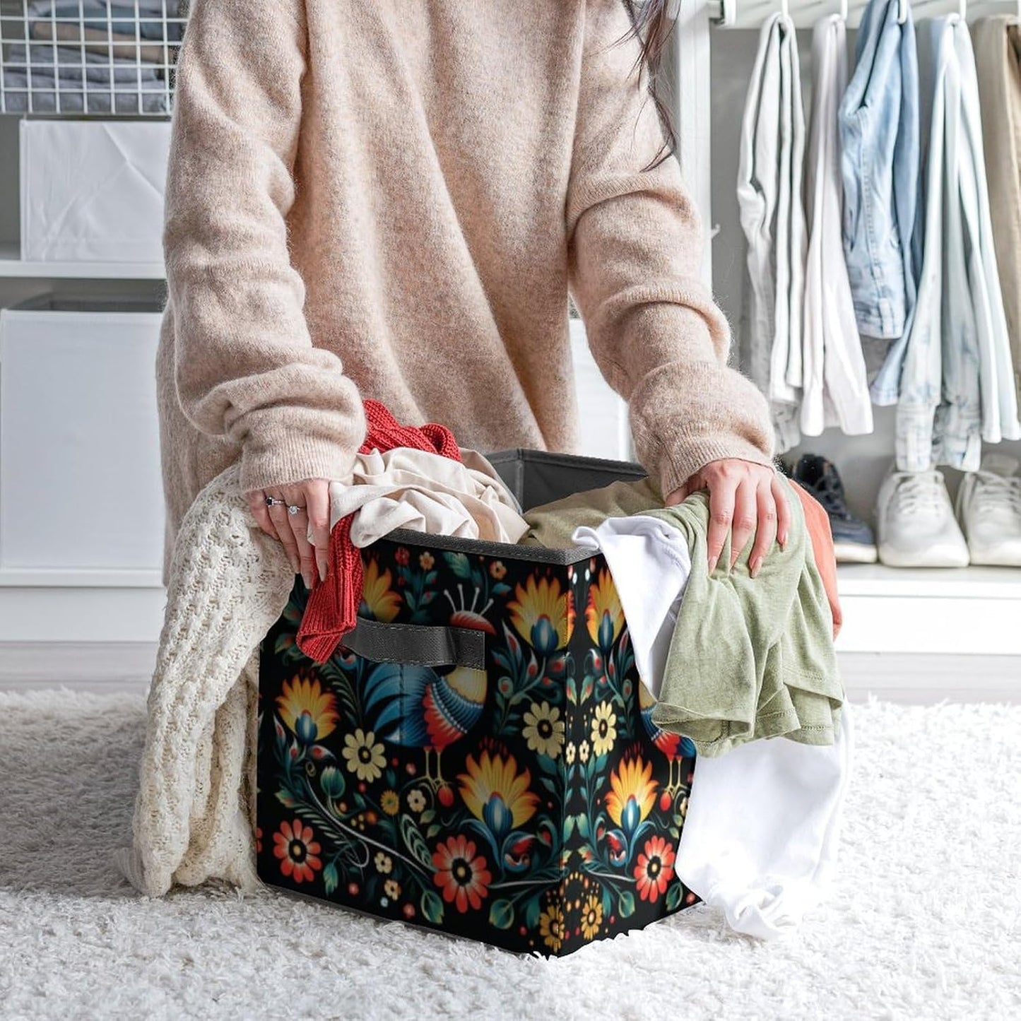 Polish Folk Art Pattern Storage Bins with Handles Fashion Large Storage Cubes Sturdy Foldable Storage Boxes Space-Saving Storage Baskets for Home Office Clothes Closet Organizers