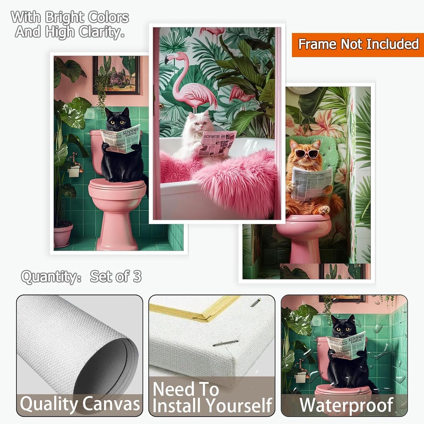 Funny Black Cat Orange Cat Toilet Art Bathroom Tropical Print White Print Reading Posters Animal Canvas Wall Art For Toilet Room Decor Aesthetics Set of 3 12X16 in Unframed