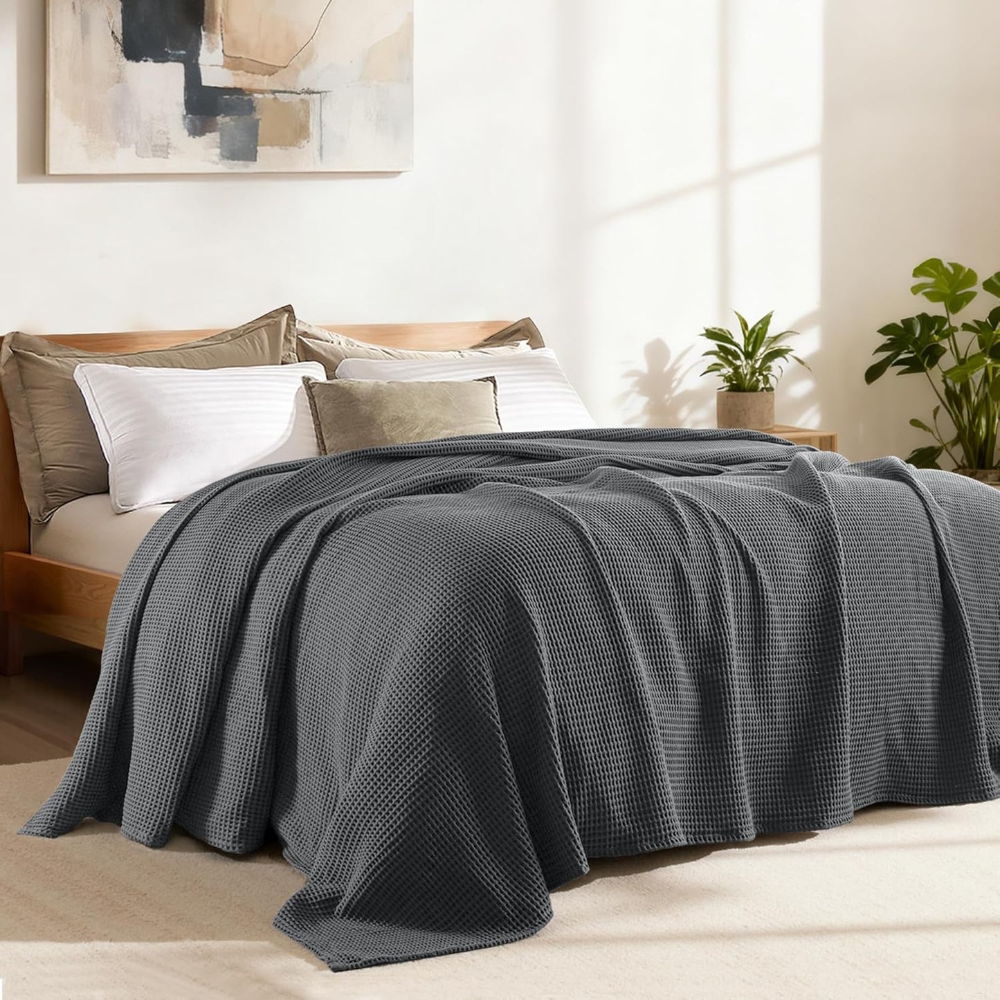 Exclusivo Mezcla 100% Cotton Waffle Weave Blanket Queen Size, Soft, Lightweight and Breathable Muslin Gauze Blanket for Bed, All Season, 90"x90", Dark Grey
