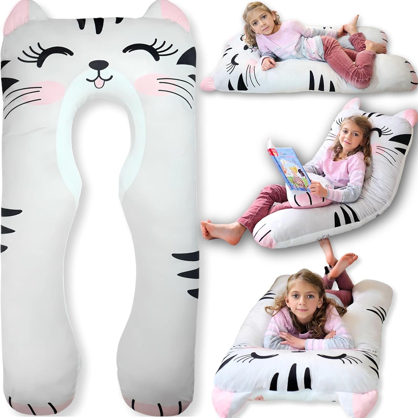 LUNAMIRA Cat Kids Body Pillow - 47" U-Shape Long Plush Soft Animal Pillow for Kids, Sleeping, Reading, ADHD & Special Needs Comfort, Anxiety, Washable Cover, Snuggle Fun Cuddle Gift for Boys & Girls