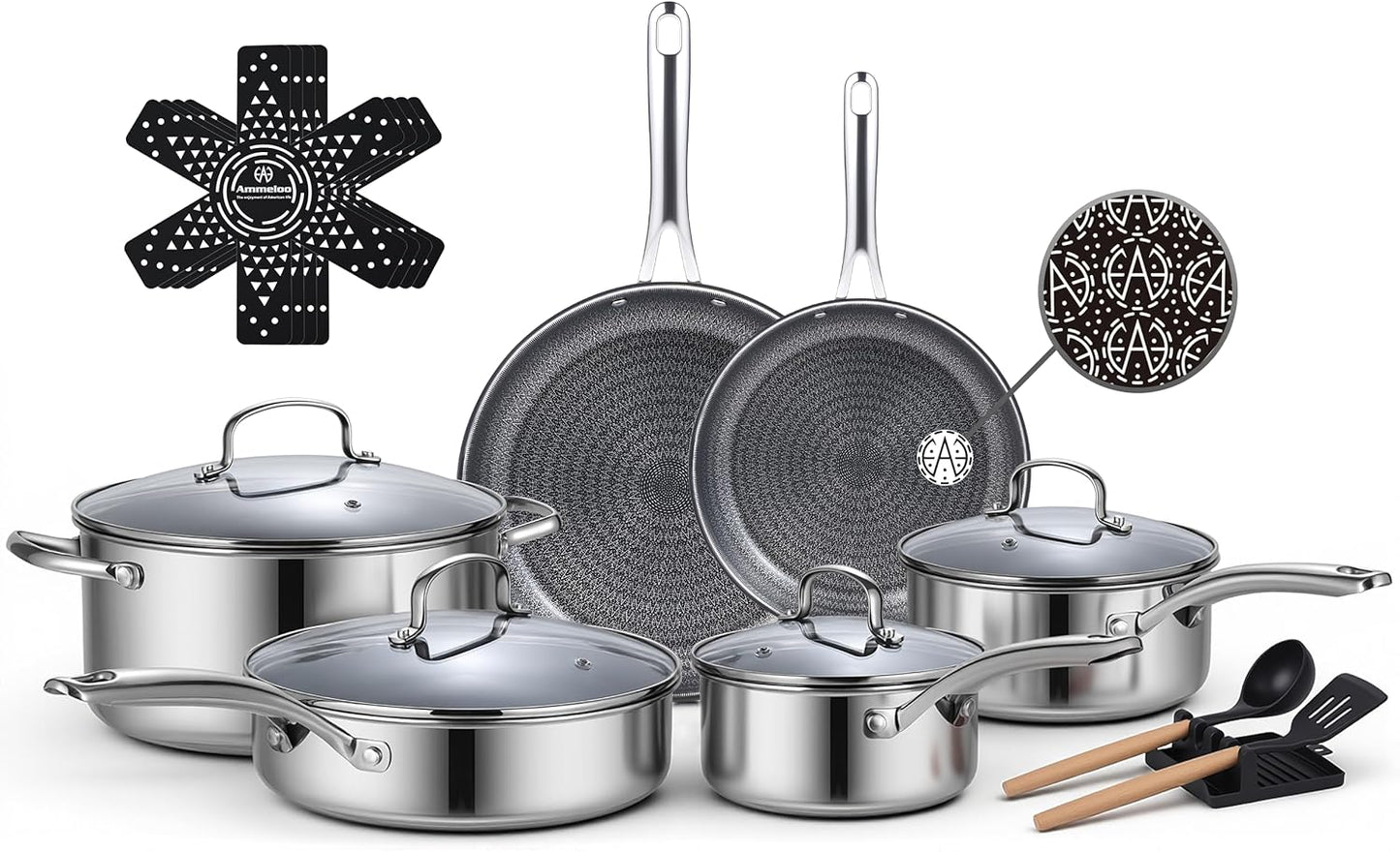 Ammeloo 17 Pcs Nonstick Stainless Steel Cookware Set, Hybrid Stainless Steel Pots and Pans Set Non Stick, Non Toxic Kitchen Cookware Sets, Dishwasher & Oven Safe, Induction & All Cooktop Compatible