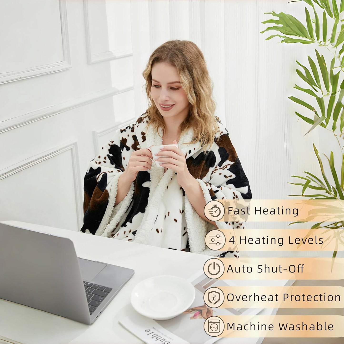 Heated Electric Blanket Shawl Cow Print Wearable Heated Blanket with Hood & Pocket, Winter Gifts for Adults, Soft Heating Blanket Throw with 4 Heat Levels & Auto Shut-Off, Cow Print, 50" x 64"