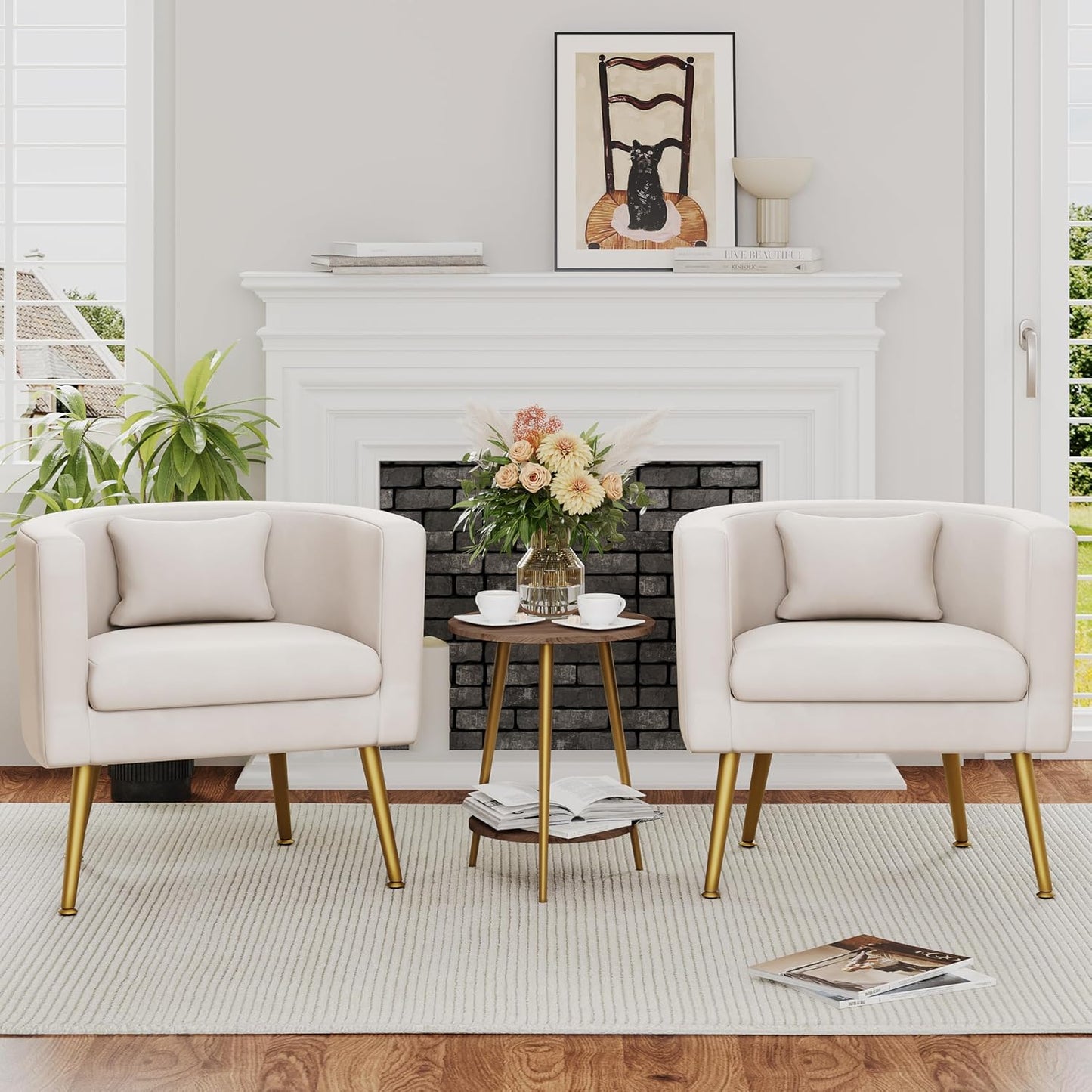 Velvet Accent Chair with Gold Legs Modern Upholstered Barrel Chairs Ivory Armchair for Living Room Bedroom
