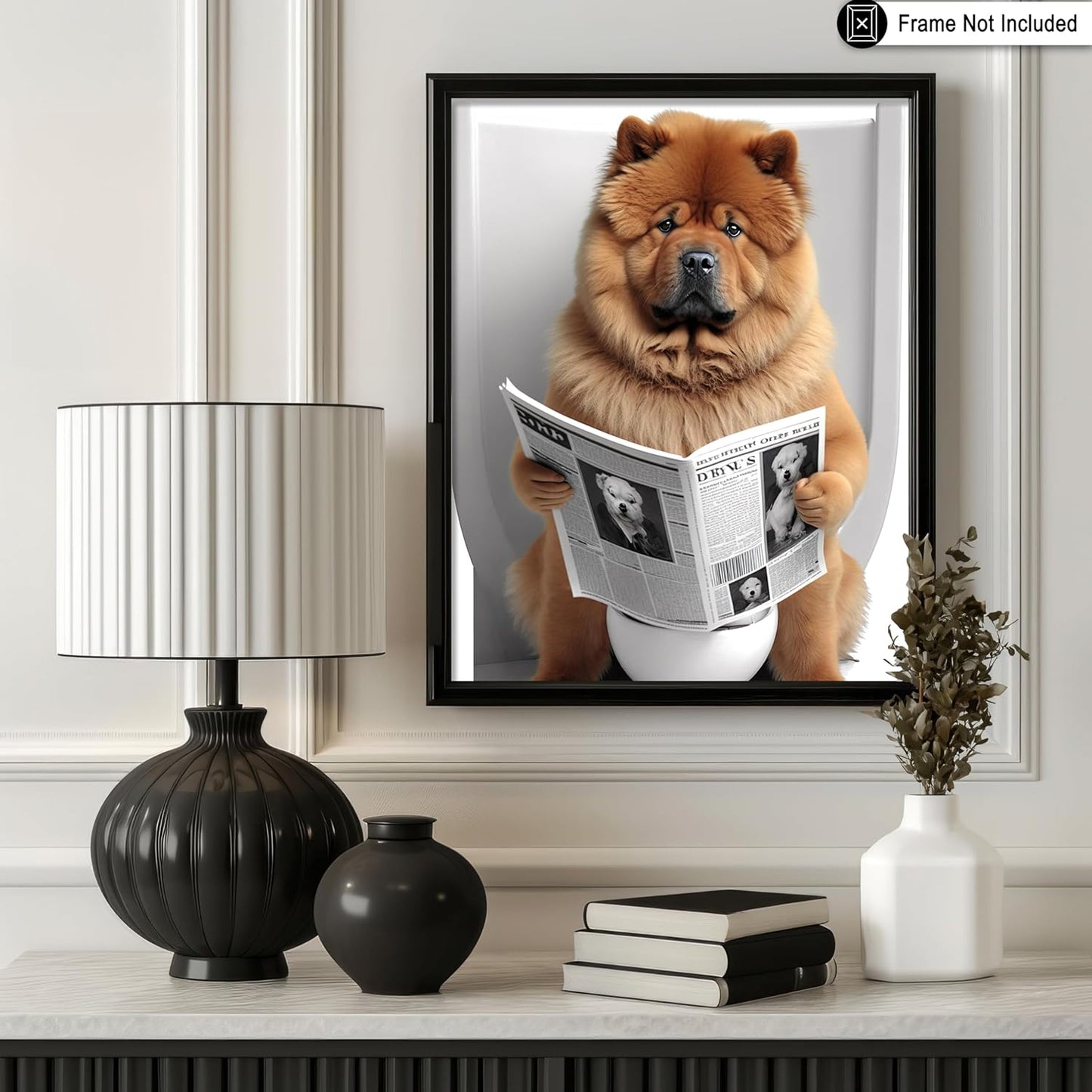 Poster Master Chow Chow Sitting on Toilet Poster - Dog Reading a Newspaper Print - Dog Art - Gift for Him, Her, Animal Lover - Fun Decor for Bedroom, Bathroom, Restroom - 11x14 UNFRAMED Wall Art