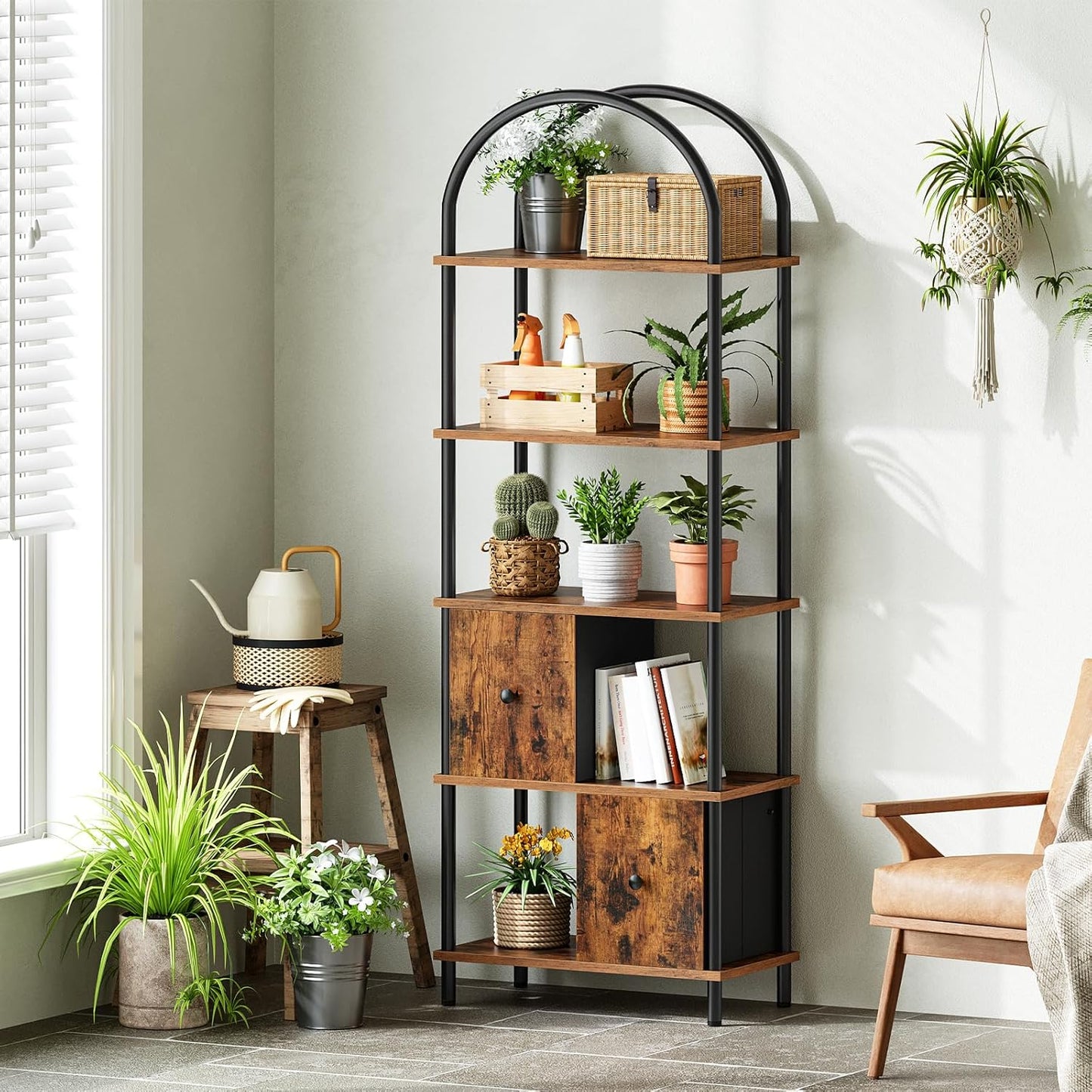 HOOBRO 5-Tier Bookshelf, Arched Bookcase with 2 Drawers, Tall Industrial Style Display Rack, Modern Standing Bookcase with Metal Frame for Office, Bedroom, Kitchen, Rustic Brown and Black BF175SJ01