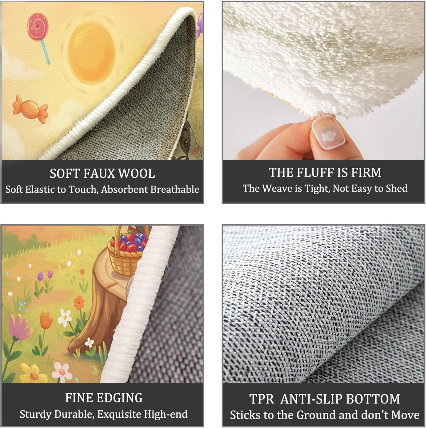 2Ft Round Washable Rug - Large Area Rug for Living Room Dining Room, Yellow Soft Bedroom Carpet with Cute Animals Party Pattern, Cartoon Illustration Décor, Low Pile Stain Resistant