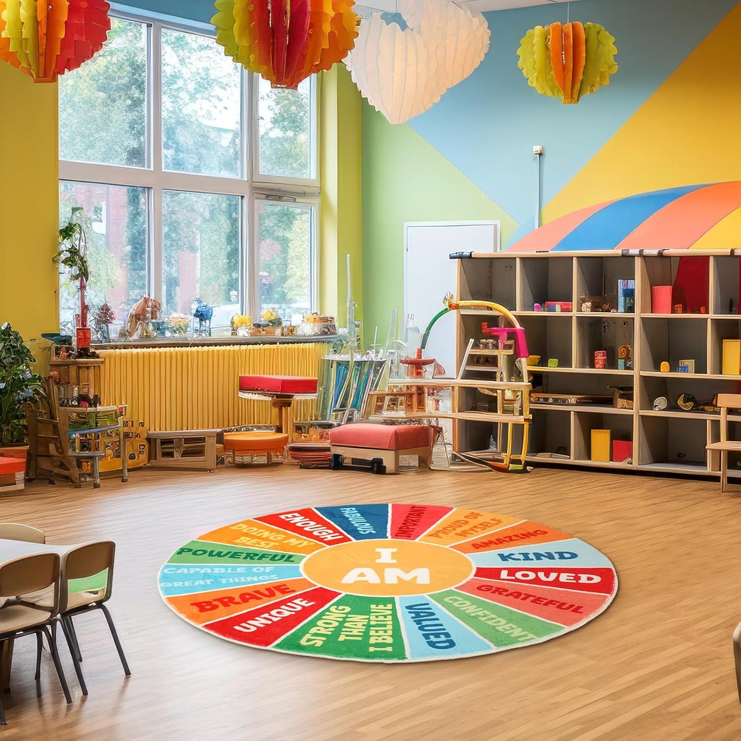 Corner Boho Nursery Sun Rug Positive Words Round 4 ft for Kids Playroom Washable Educational Rug Motivational Soft Circle Mat Back to School for Classroom Reading Dorm(Rainbow Color)