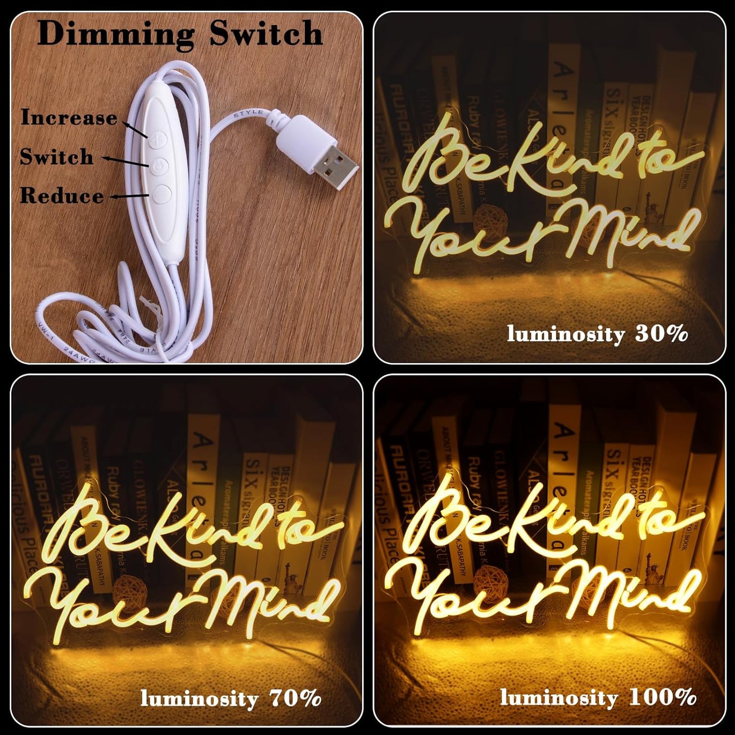 Be kind to Your Mind Neon LED Sign Hippie Letters Reusable Neon Lights for Wall Art Decor, Encouragement Gifts, Health Quote Lamp Light up Bedroom, Office, Home,Study, Reception Room