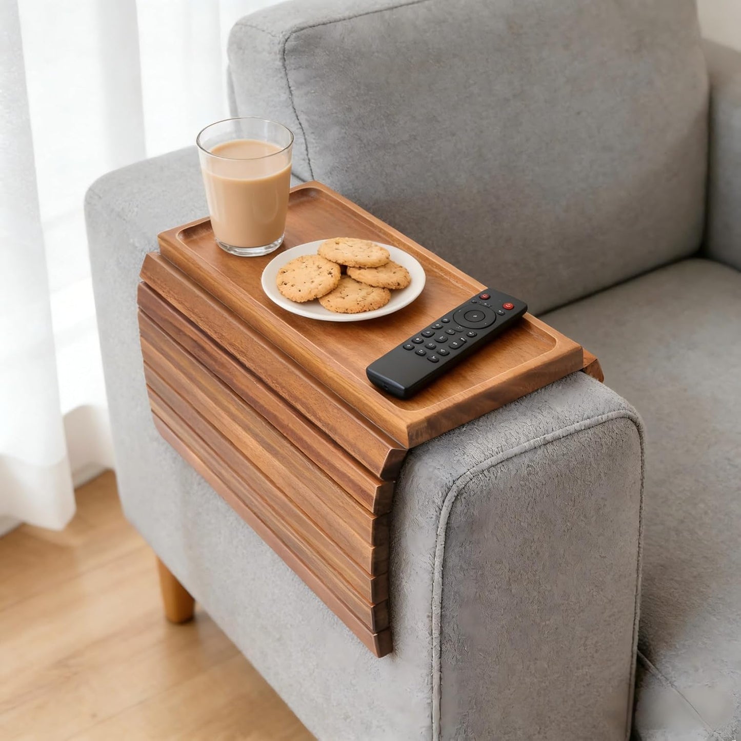 Acacia Wood Couch Armrest Table, Couch Arm Tray, Foldable Anti-Slip Bamboo Couch Tray, Sofa Cup Holder for Drink Snacks Remote Control