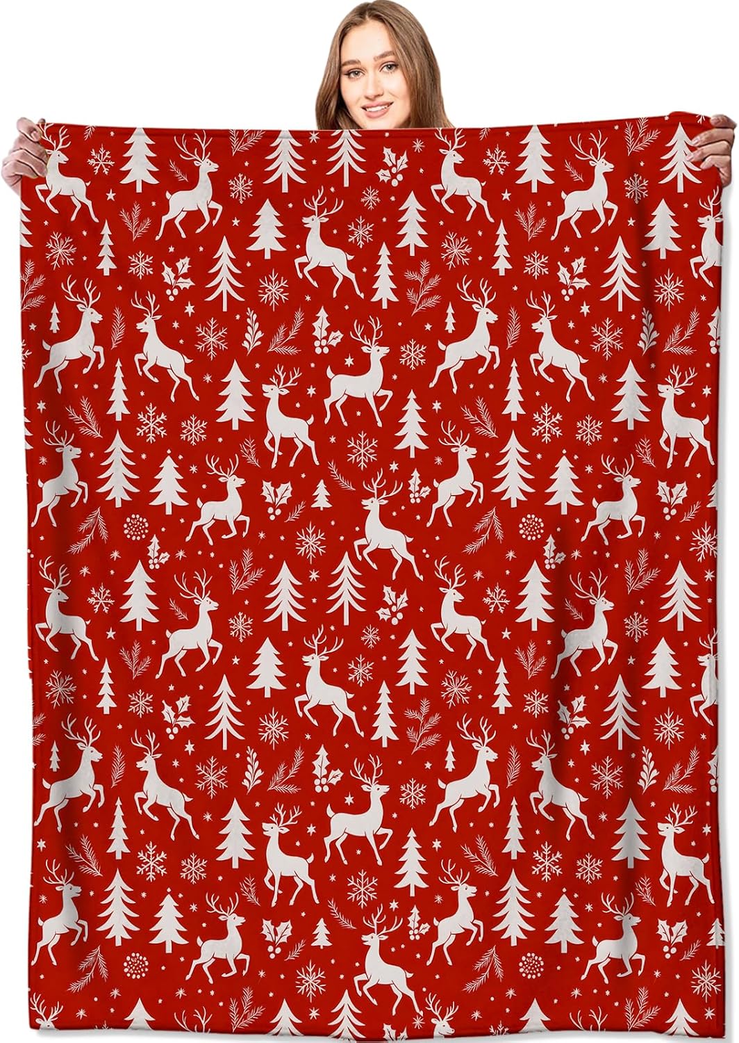 Red and White Reindeer Blanket Christmas Holiday Decor Winter Forest Xmas Throw Gifts for Adults Lightweight Soft Fleece Snowflakes Pine Tree Blankets for Bed Couch Festive Decoration 40x50in