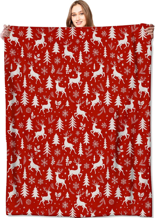 Red and White Reindeer Blanket Christmas Holiday Decor Winter Forest Xmas Throw Gifts for Adults Lightweight Soft Fleece Snowflakes Pine Tree Blankets for Bed Couch Festive Decoration 40x50in
