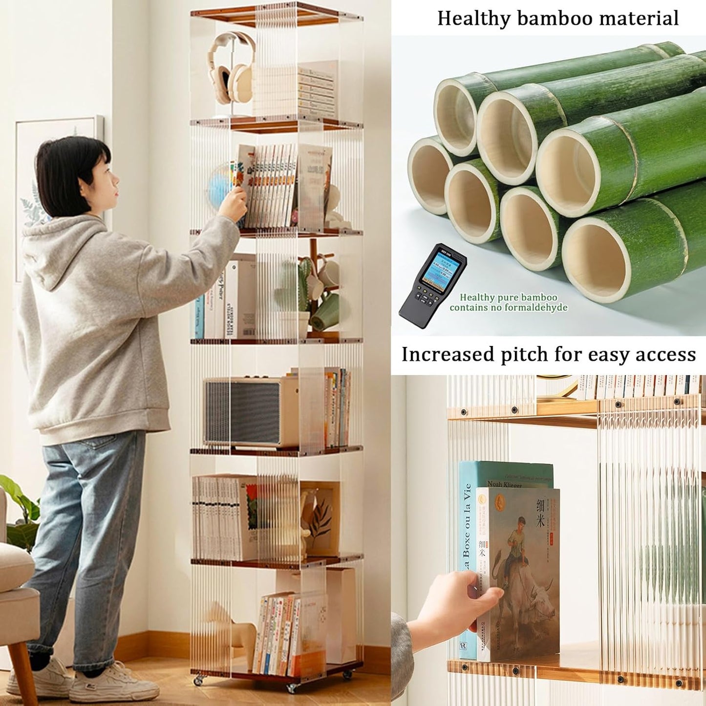 YVYKFZD Rotating Bookshelf, 5/6 Tier Revolving Bookcase, Acrylic 360° Display Storage Rack, Narrow Corner Book Shelf Organizer with Wheels, for Small Space, Study(Brown,6 Tier 13.7x13.7x73.6)