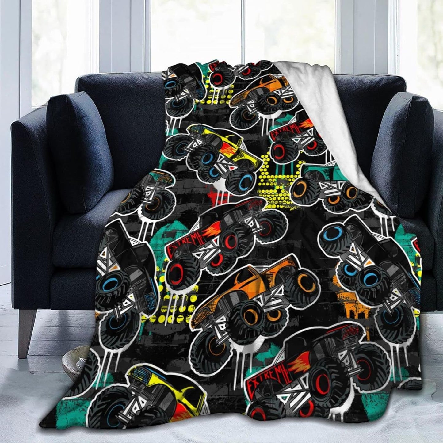 Perinsto Monster Trucks Cars Throw Blanket Ultra Soft Warm All Season Decorative Fleece Blankets for Bed Chair Car Sofa Couch Bedroom 60"X50"