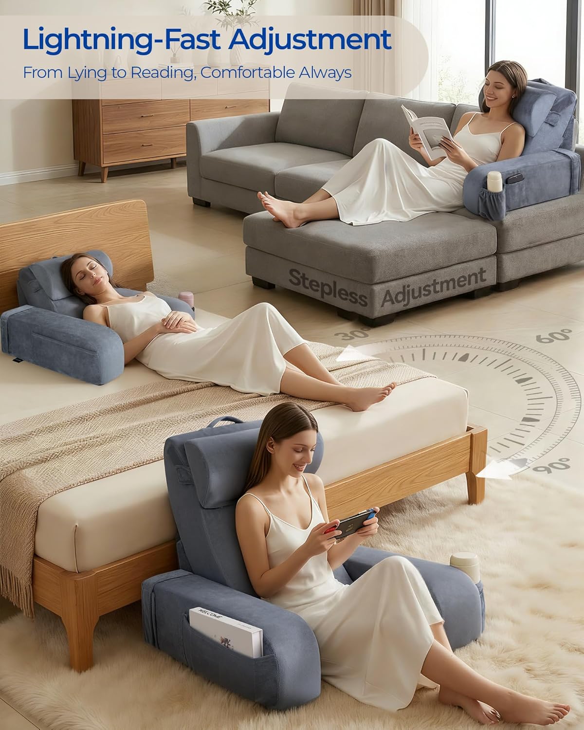 Adjustable Wedge Reading Pillow — Large, 30–90° Stepless Angle, Detachable Arms, Bed or Couch