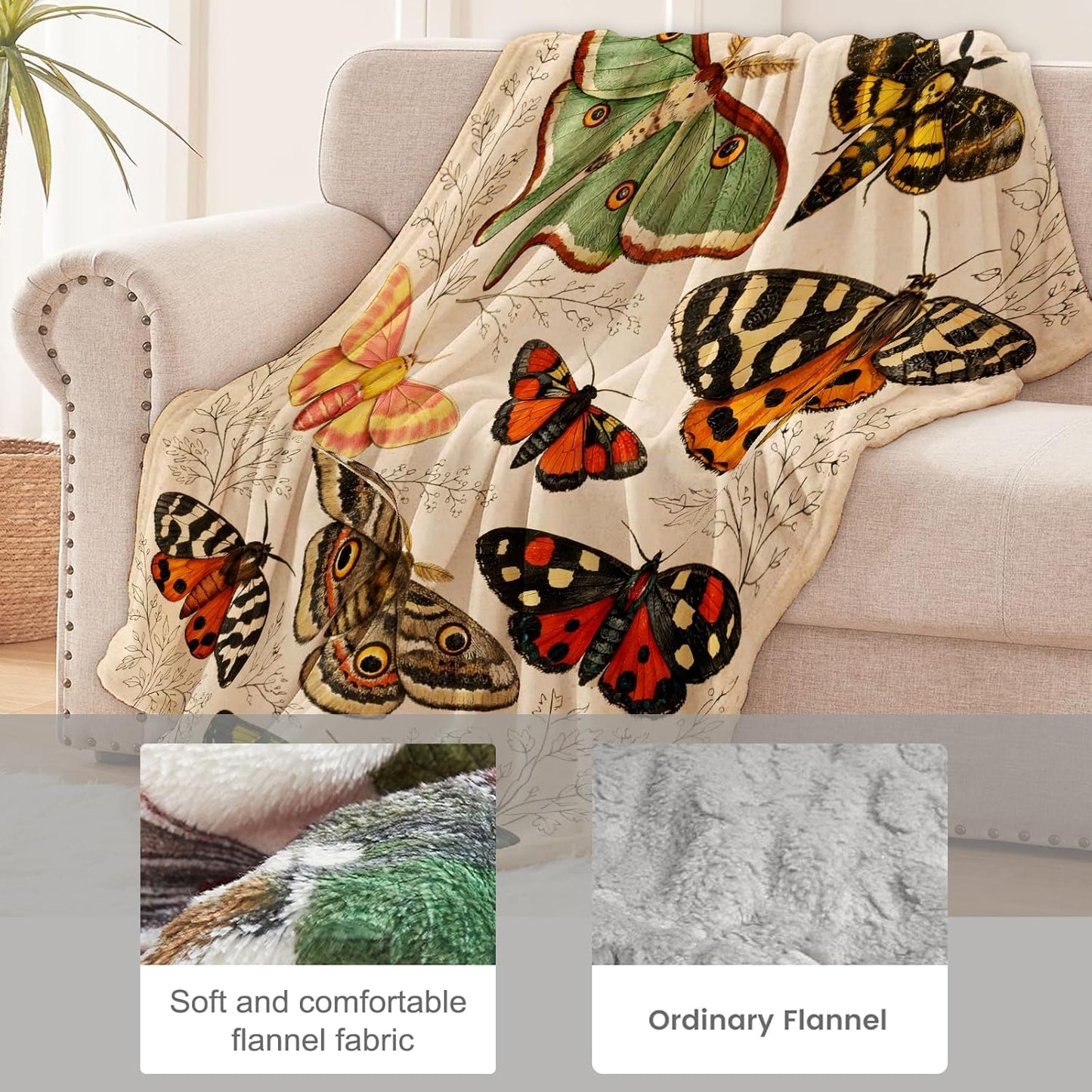 Moth Blanket for Insect Lovers and Vintage Art Fans, Retro Botanical Flannel Blankets, Gothic Nature Gifts, Soft Warm Cozy Throws for Sofa Couch Bed Living Room Bedroom Home Decor 60" x 50"