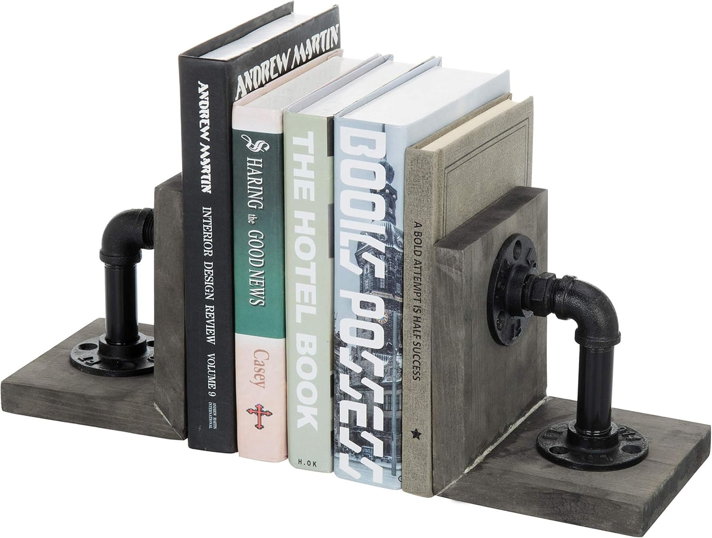 MyGift Book Ends Decorative for Shelves, Office Bookends for Heavy Books, Book Holder L-Shaped Stand Desktop, Vintage Gray Wood with Realistic Industrial Pipe Design