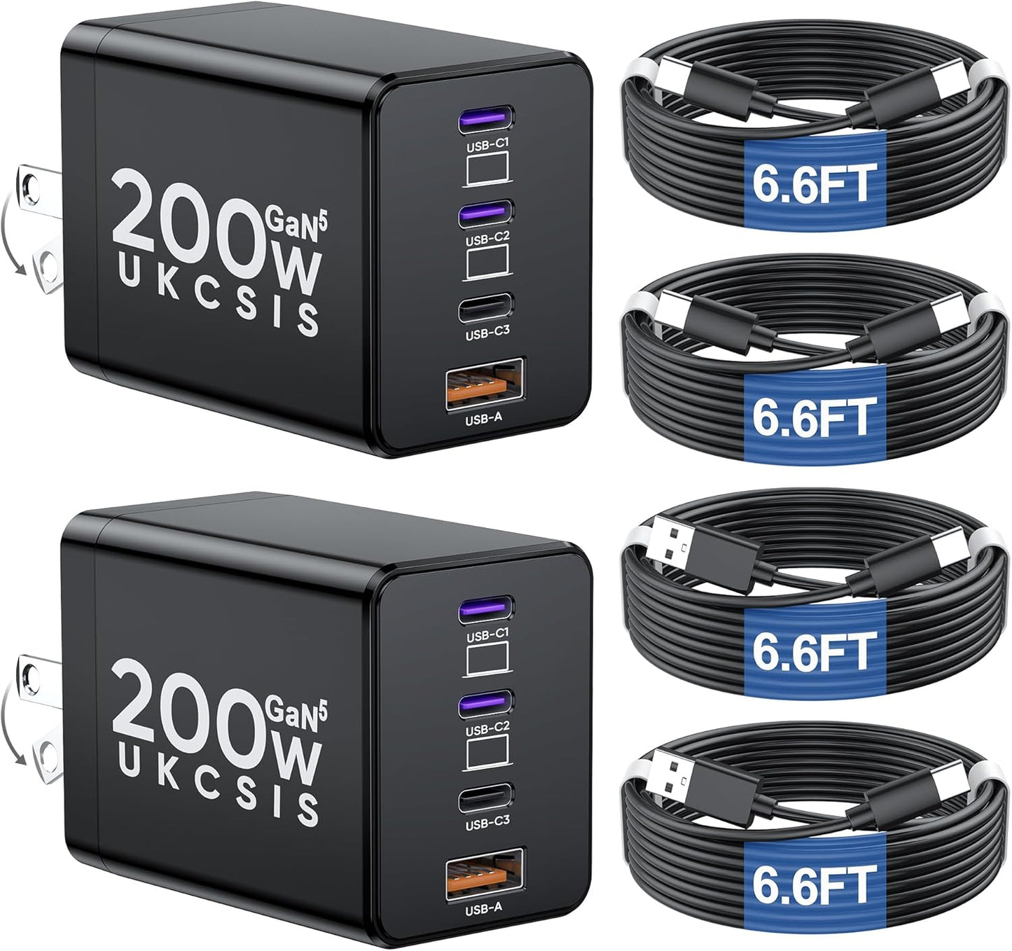 2 Pack 200W USB C Charger Block, Foldable 4-Port GaN5 Super Fast Charger USB C, Dual 65W Type C Charging Block, Laptop Fast Charging Adapter for MacBook Pro/Air, iPad, iPhone, Samsung Galaxy Black