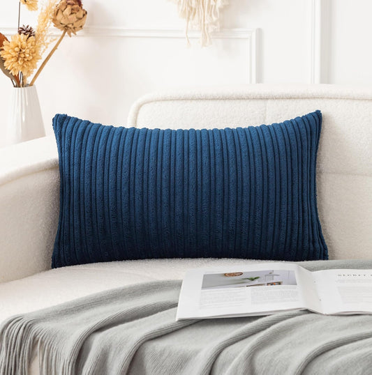 UGASA 12x24 Inch Pillow Cover Pack of 1 Soft Boho Stripe Corduroy Long Rectangle Lumbar Cushion Case Farmhouse Decorative Throw Pilowcase for Bed, Couch, Sofa, Bedroom, Living Room, Navy Blue