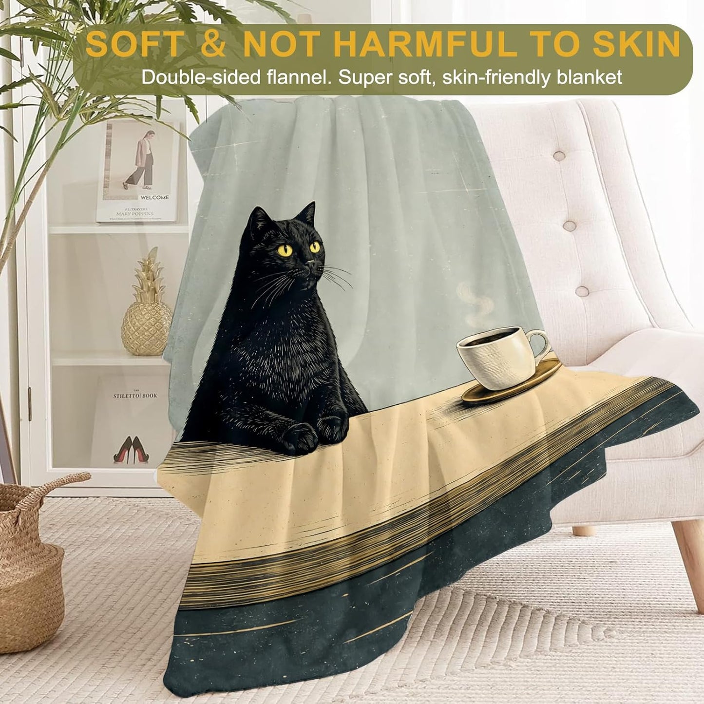 Retro Cat Fleece Throw Blanket 50x60 Inch,Vintage Black Kitten Coffee Decorative Throws,Soft Lightweight Blankets for Apartment Office Sofa Reading Chair,Cozy Gifts for Adults Teens Pet Lovers