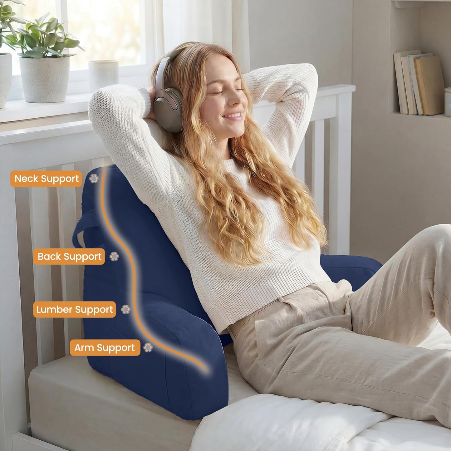 Portable Comfy Reading Pillows for Bed Sitting Up(Royal Blue Oeko-Tex), Velvet Back Pillow with Arms & Pockets for Adults, Support Memory Foam Bed Pillow for Dorm/Reading/Watching/Gaming