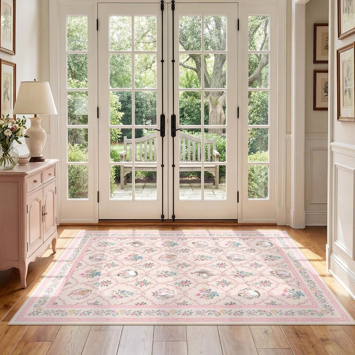 3x5 Pink Floral Cat Rug for Girls Bedroom, Washable Non Slip Small Area Rug for Nursery, Reading Nook, Kids Room, Soft Low Pile Vintage Carpet