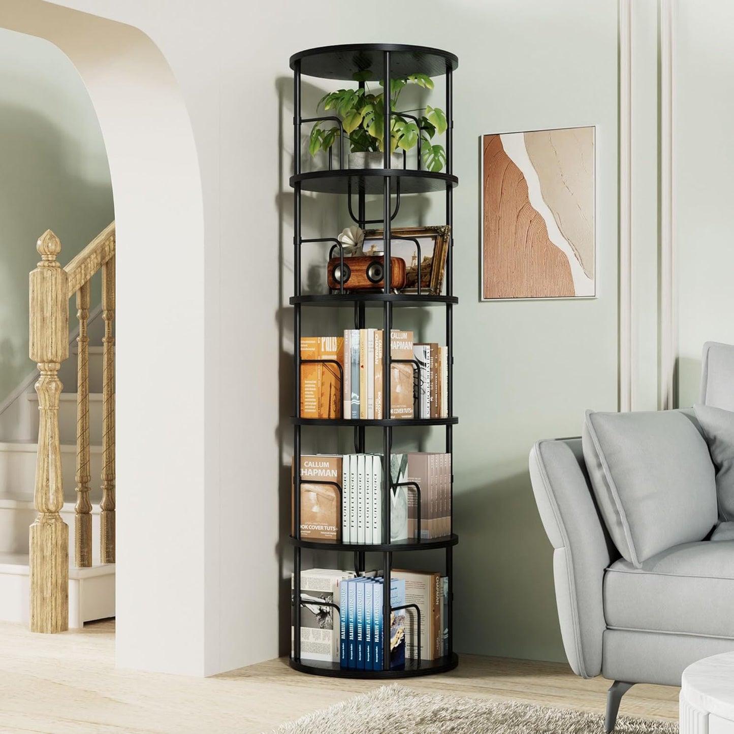 Flycity 5 Tier Rotating Bookshelf, 360° Corner Bookshelf Tower, Round Revolving Bookcase with Special Visible Partition Storage, Narrow Book Shelf Organizer for Living Room, Small Space, Black