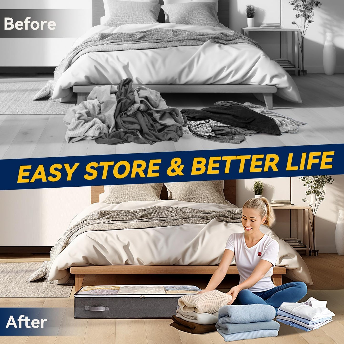 3 Pack Under Bed Storage Containers, 7 Inches Tall Low Profile Underbed Clothes Storage Bins, Closet Organizers and Clothes Storage Bags, Under the Bed Blanket Storage with Clothing, Bedroom, Bedding