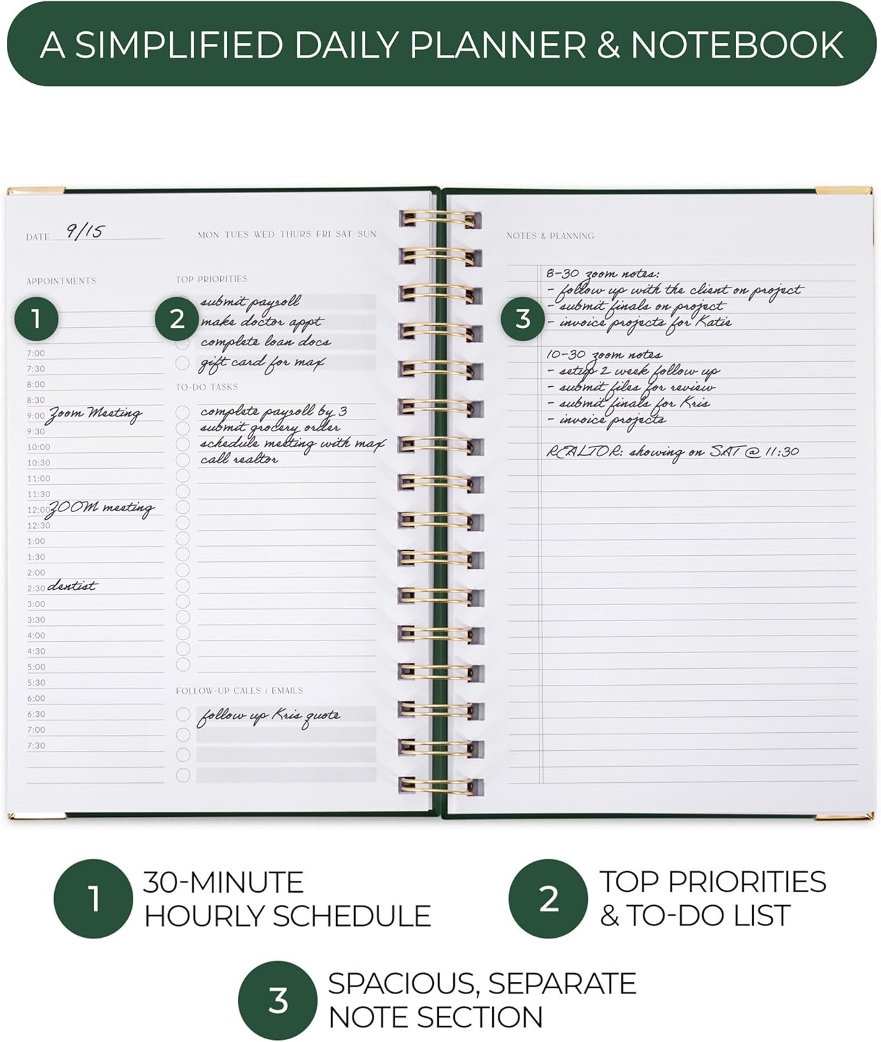 ZICOTO Aesthetic Daily Planner And Notebook With Hourly Schedule - Aesthetic Spiral To do List Notepad For Work/Home to Organize Tasks And Appointments - Stylish School/Office Supplies Book For Women