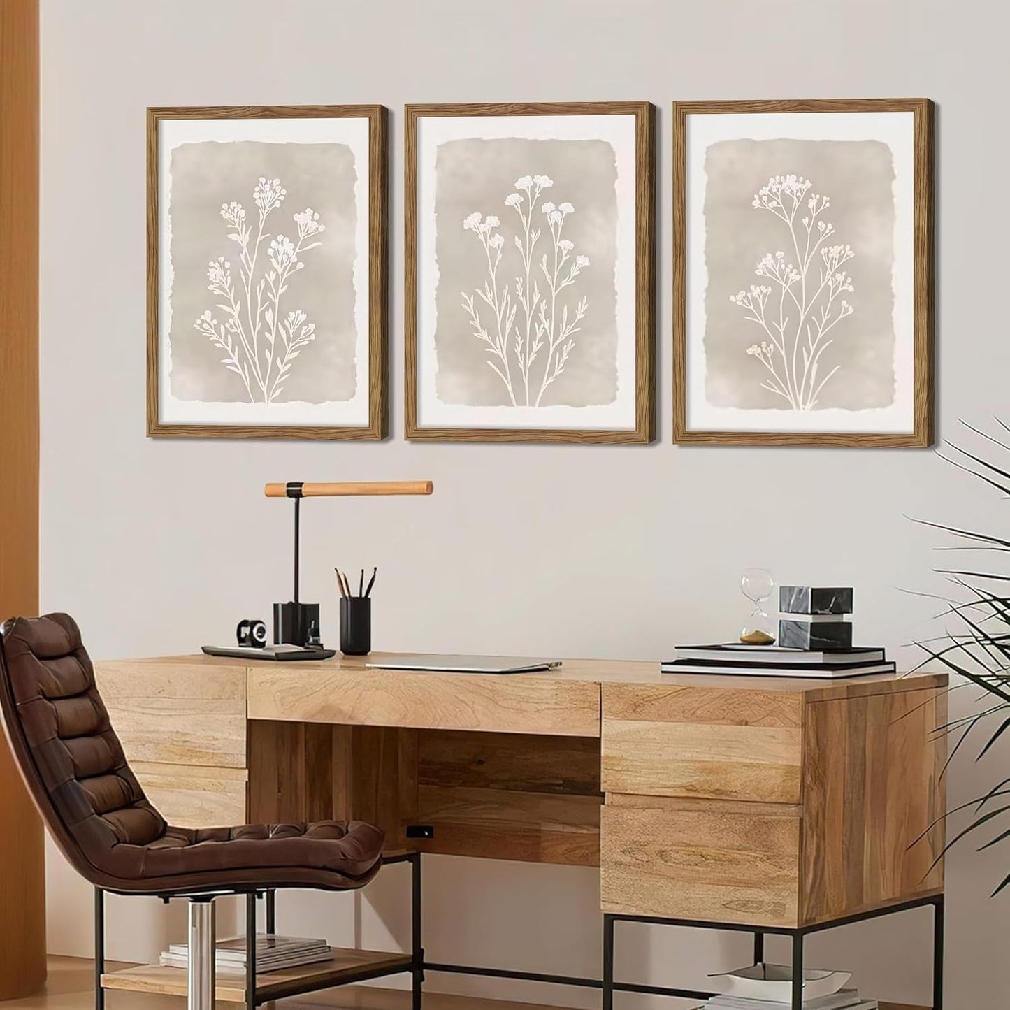 Framed Boho Botanical Flower Wall Art Set of 3, Vintage Minimalist Neutral Floral Wall Decor Paintings, Rustic Farmhouse Wildflower Artwork Prints Picture for Living Room Bedroom Bathroom 12x16 Inch